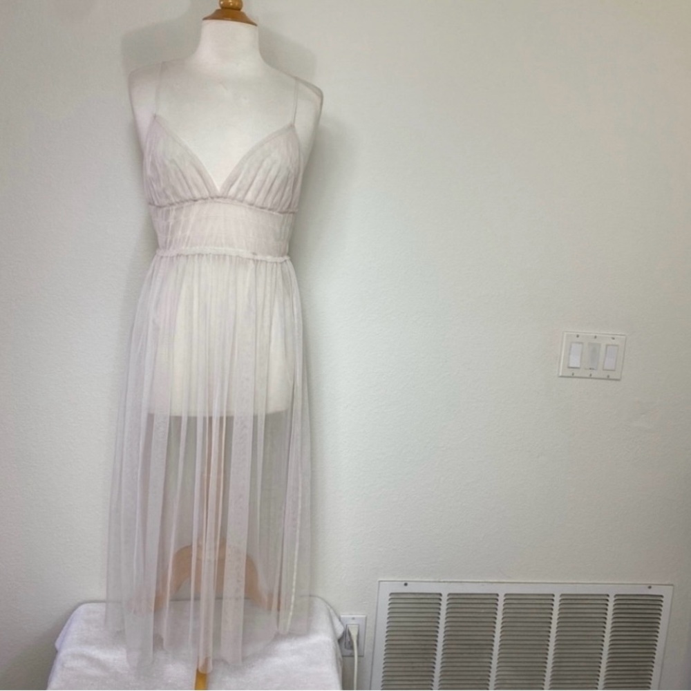 Vintage Y2K Cream Gray Sheer Femme Tulle Balletcore Midi Dress Size Small Fairy